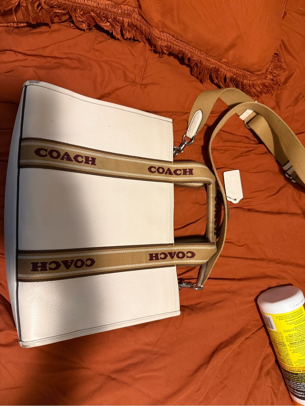 COACH Cream Pebbled Leather Tote with Tan Branded Straps - Picture 5 of 6
